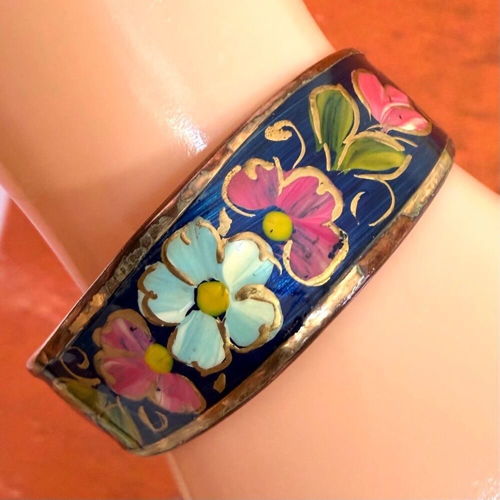 Hand Painted Blue Enamel Floral Copper Cuff Bracelet Vintage